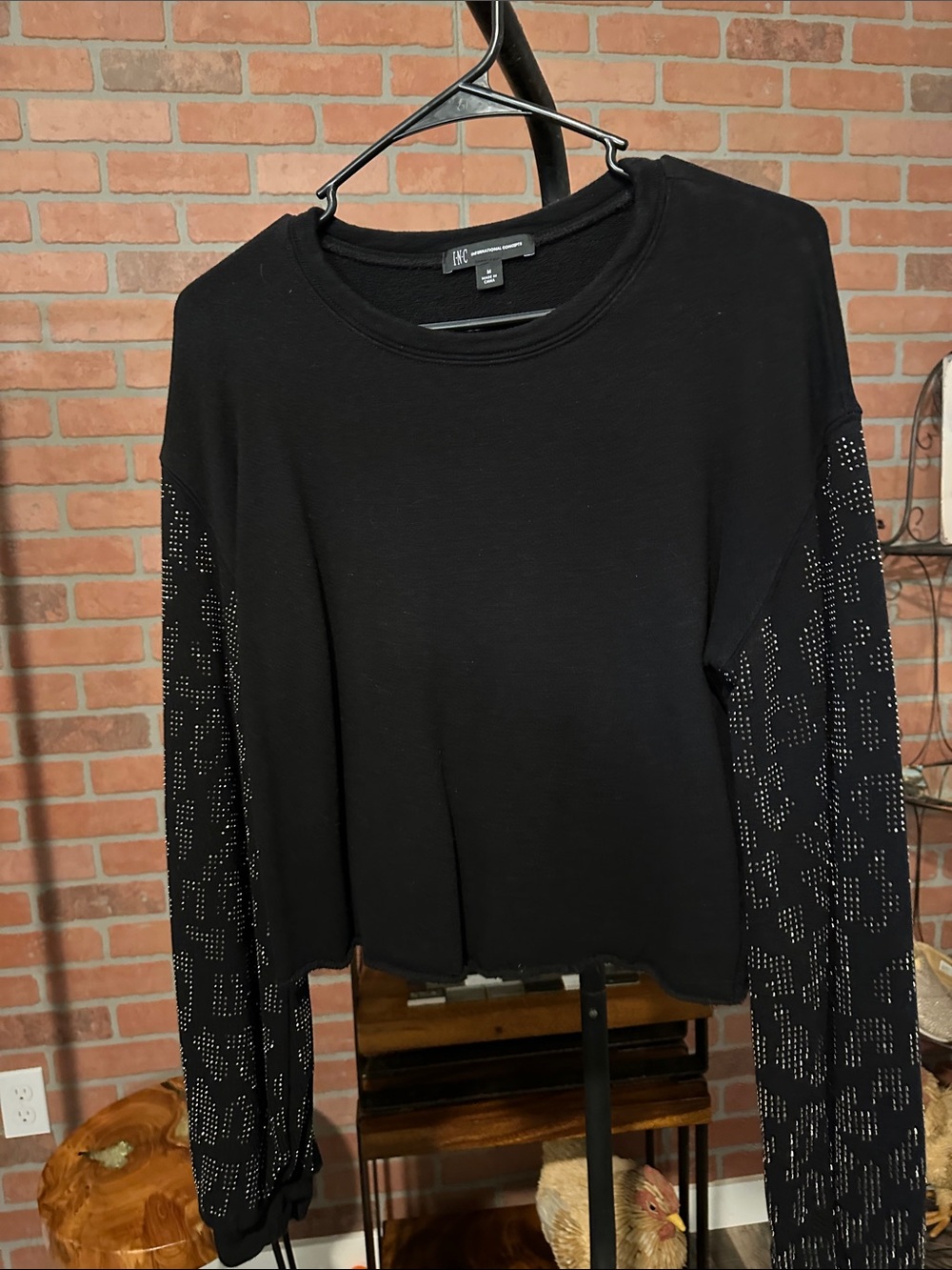 INC International Concepts Black Sweatshirt with Studded Patterned Sleeves